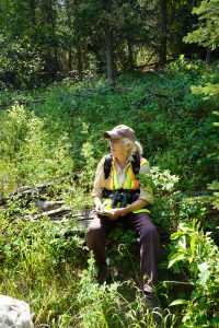 woman sitting down on rock surrounded by plants